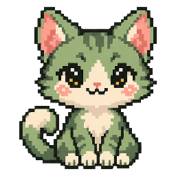 Mori, a sage-green pixel cat with pink ears